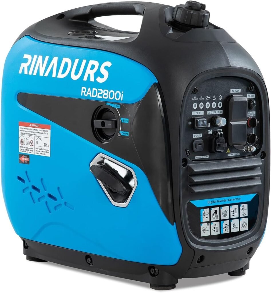 2800W Peak Portable Inverter Generator, Fuel Efficient Gas Powered Generator with CO Sensor, Parallel Ready for Camping, Tailgating, Outdoor Use and Emergency Backup by RINADURS 2800W Peak Portable Inverter Generator, Fuel Efficient Gas Powered Generator with CO Sensor, Parallel Ready for Camping, Tailgating, Outdoor Use and Emergency Backup by RINADURS