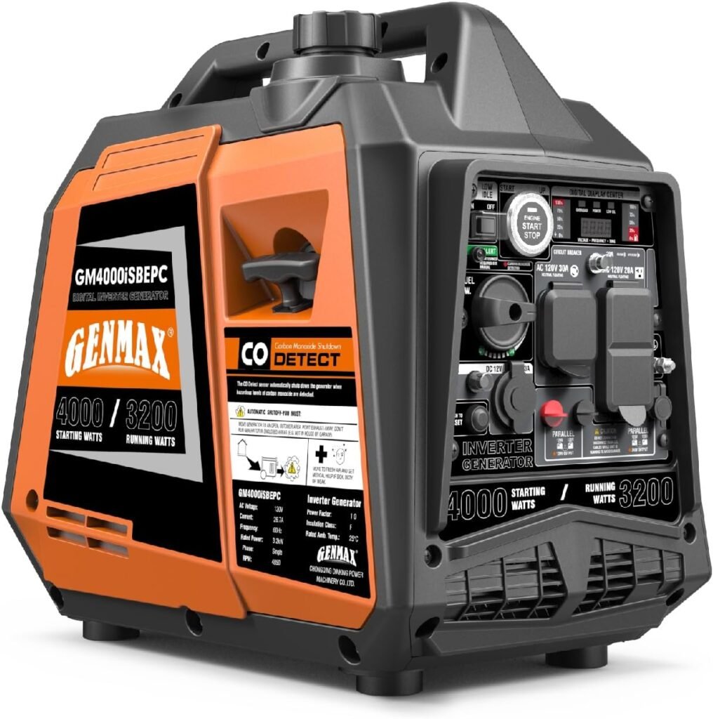 GENMAX Portable Generator, 2000W Ultra Quiet Gas Engine, EPA Compliant, Eco Mode Function, Ultra Light, Suitable for Backup Home and Camping(GM2000i)