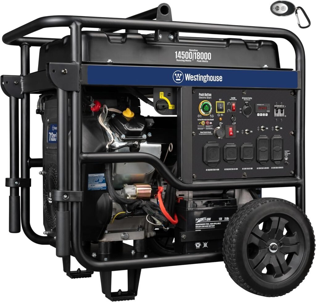 Westinghouse Peak Watt Home Backup Portable Generator, Remote Electric Start, Transfer Switch Ready 30A Outlets, Gas Powered, CO Sensor Westinghouse Peak Watt Home Backup Portable Generator, Remote Electric Start, Transfer Switch Ready 30A Outlets, Gas Powered, CO Sensor