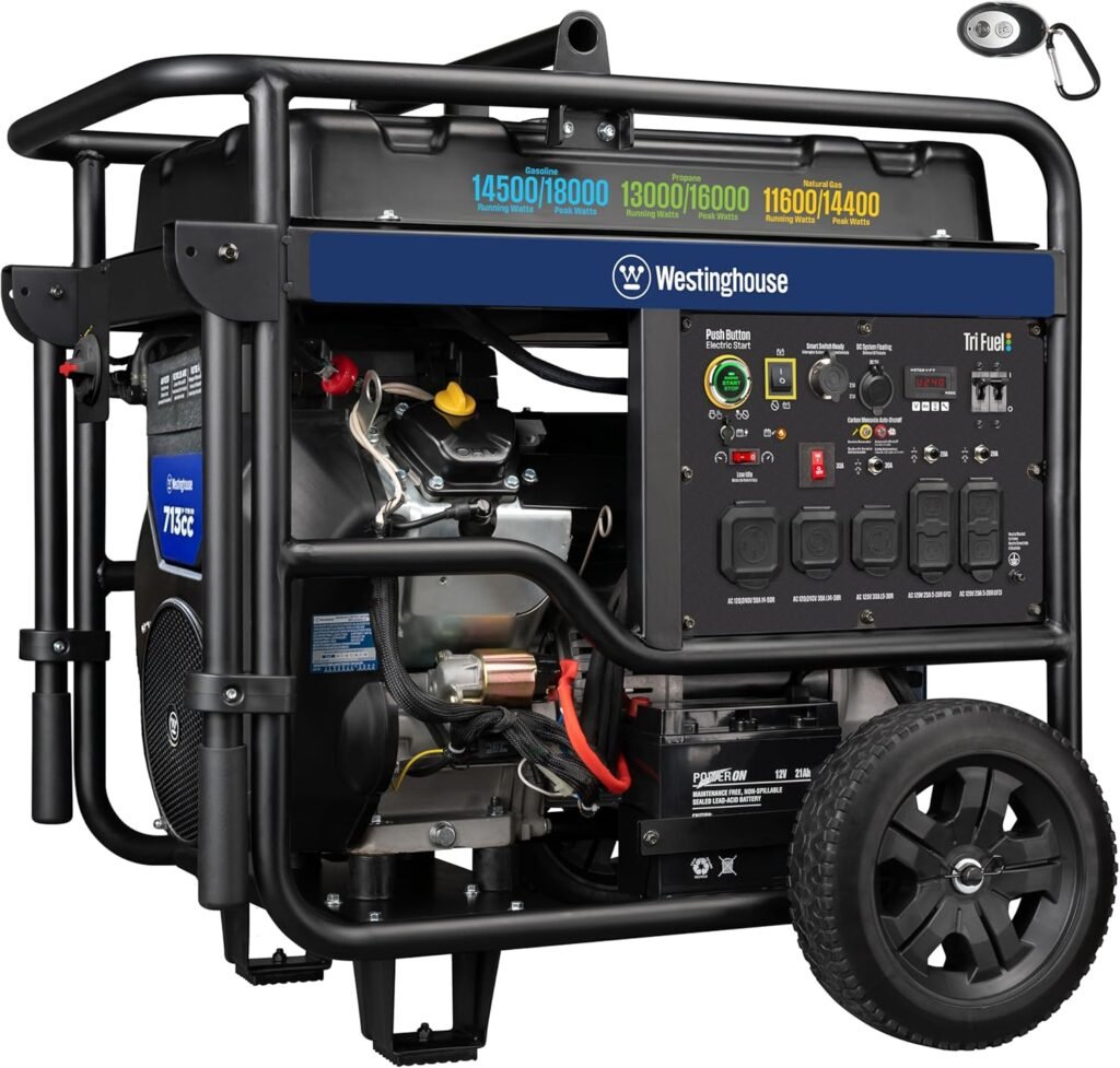 Westinghouse Peak Watt Tri-Fuel Home Backup Portable Generator, Remote Electric Start, Transfer Switch Ready, Gas, Propane, and Natural Gas Powered, CO Sensor Westinghouse Peak Watt Tri-Fuel Home Backup Portable Generator, Remote Electric Start, Transfer Switch Ready, Gas, Propane, and Natural Gas Powered, CO Sensor
